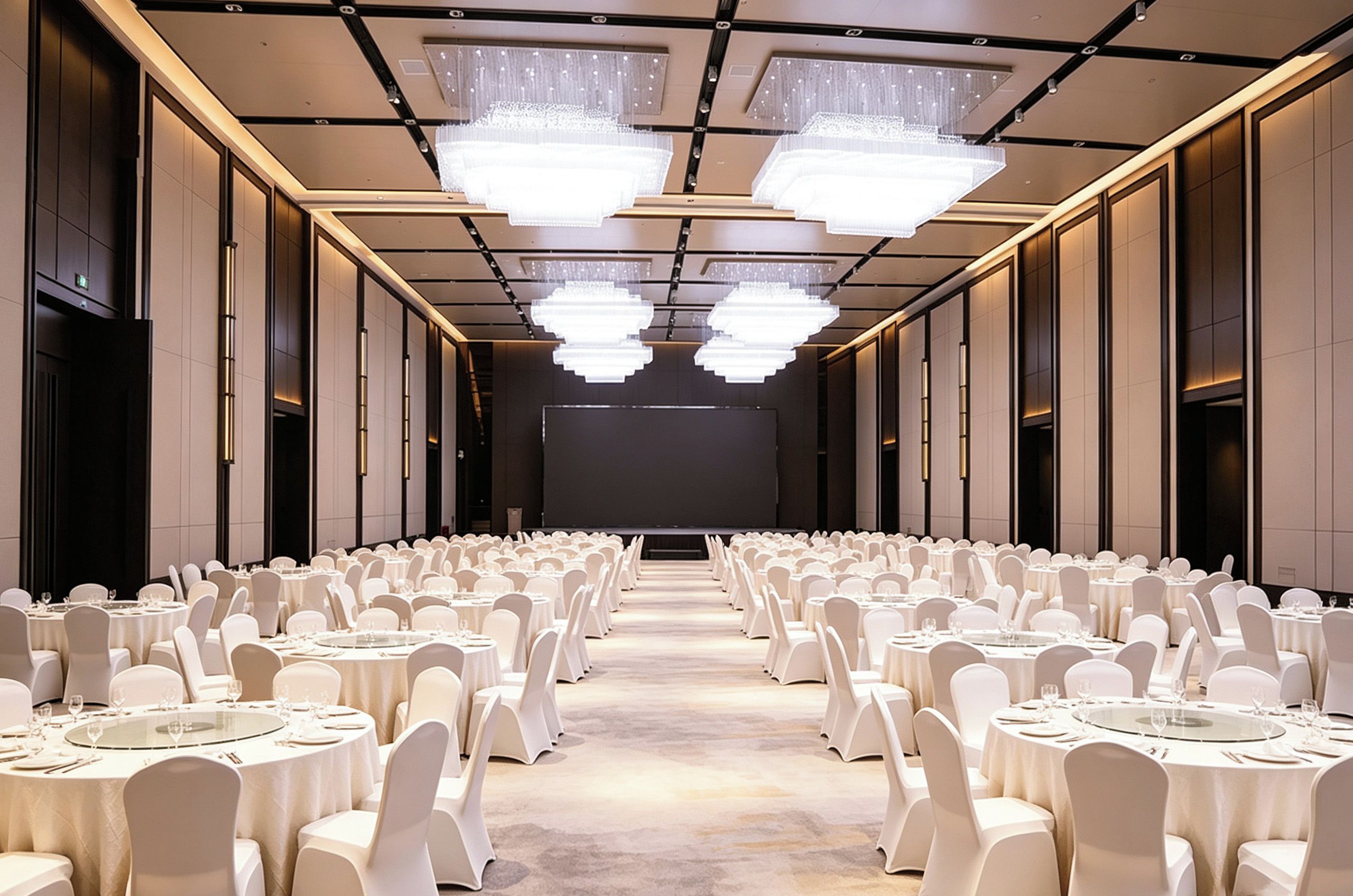 A conference room with rows of round tables, white chairs, and a large screen at the front.