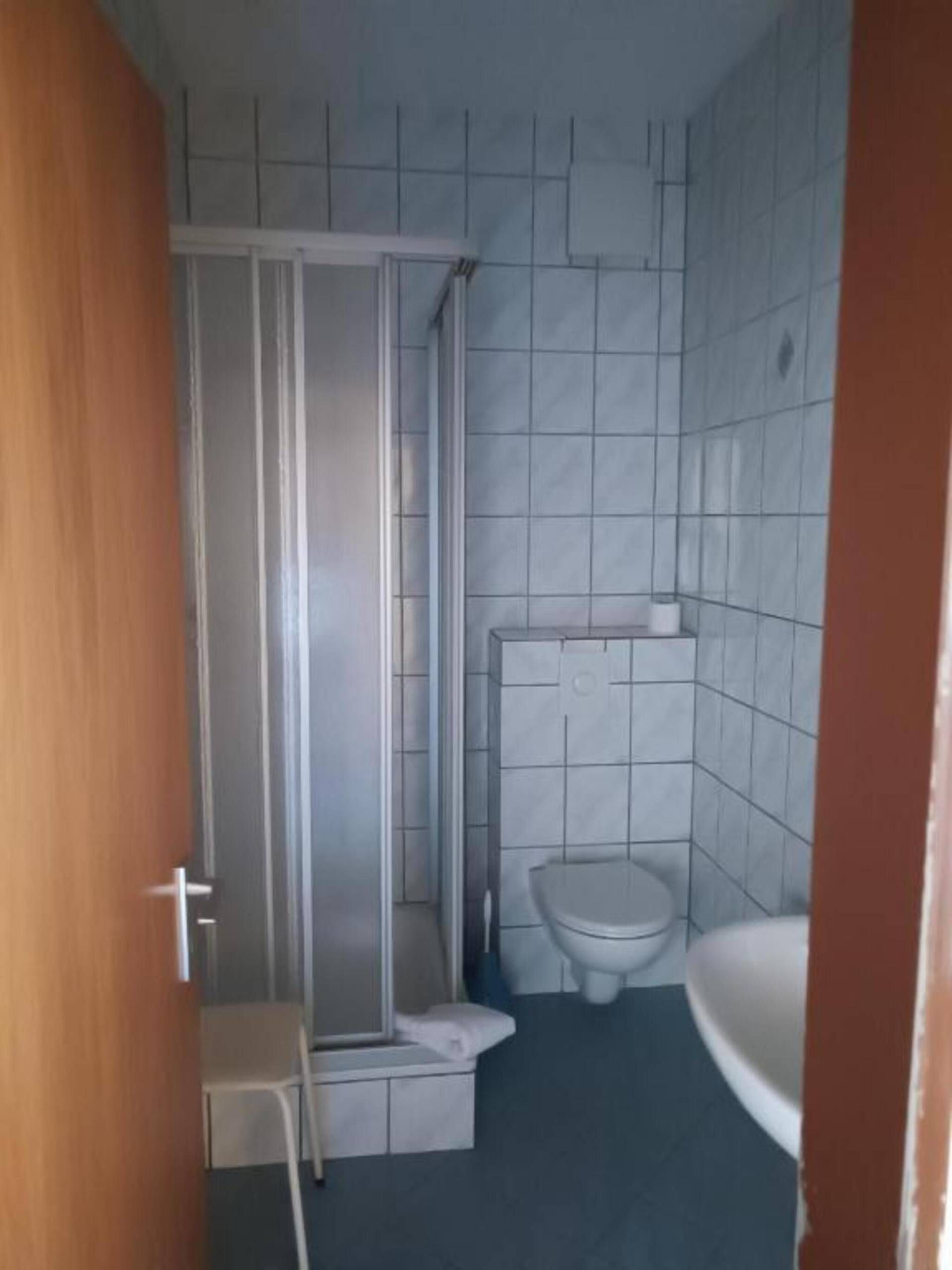 A bathroom with a toilet, a sink, and a shower area.