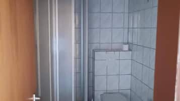 A bathroom with a toilet, a sink, and a shower area.