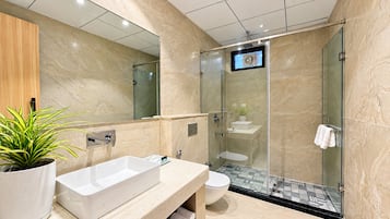 A modern bathroom with a glass-enclosed shower, a white sink, and a toilet.
