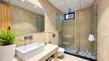 Un bagno moderno con un ampio lavandino bianco, un water e una cabina doccia in vetro.