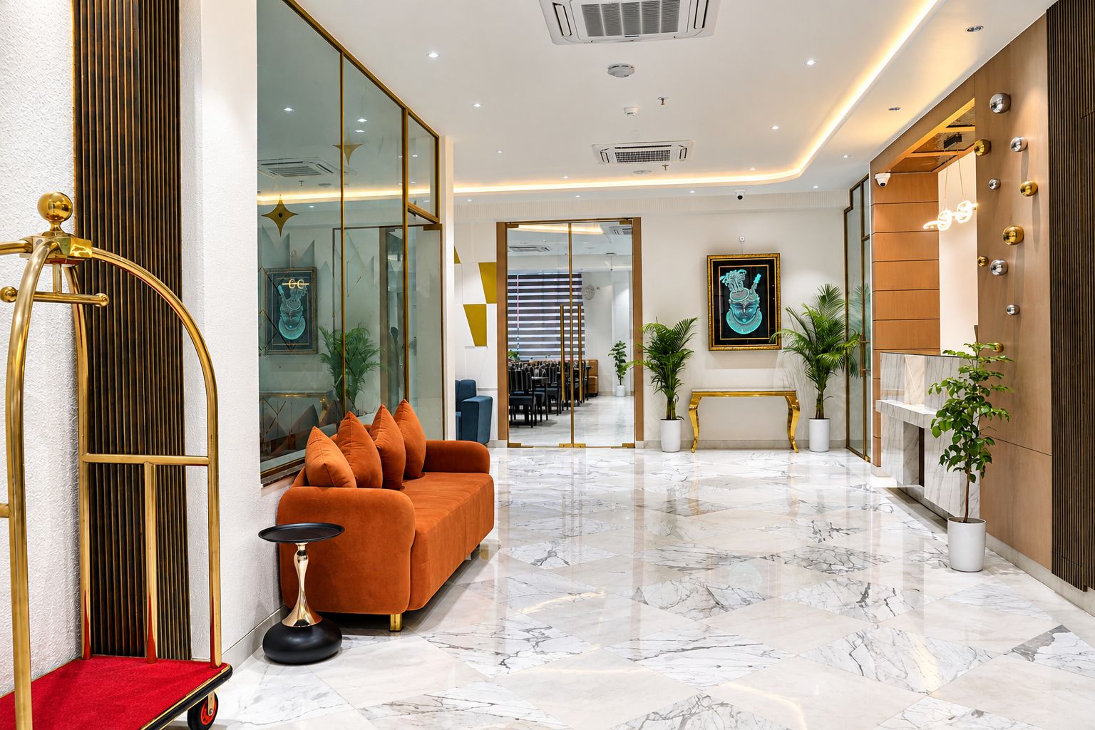Un vestíbulo moderno con piso de mármol, un sofá y una alfombra roja.