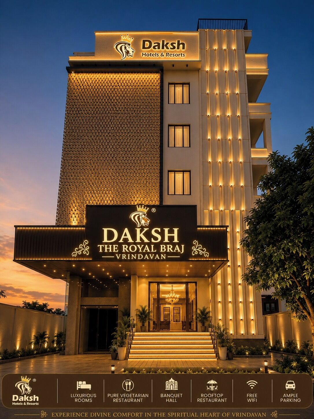 Um hotel com uma placa chamativa que diz 'Daksh The Royal Braj Vrindavan', com quartos luxuosos, restaurante vegetariano, salão de festas, restaurante no terraço, acesso Wi-Fi gratuito e amplo estacionamento.