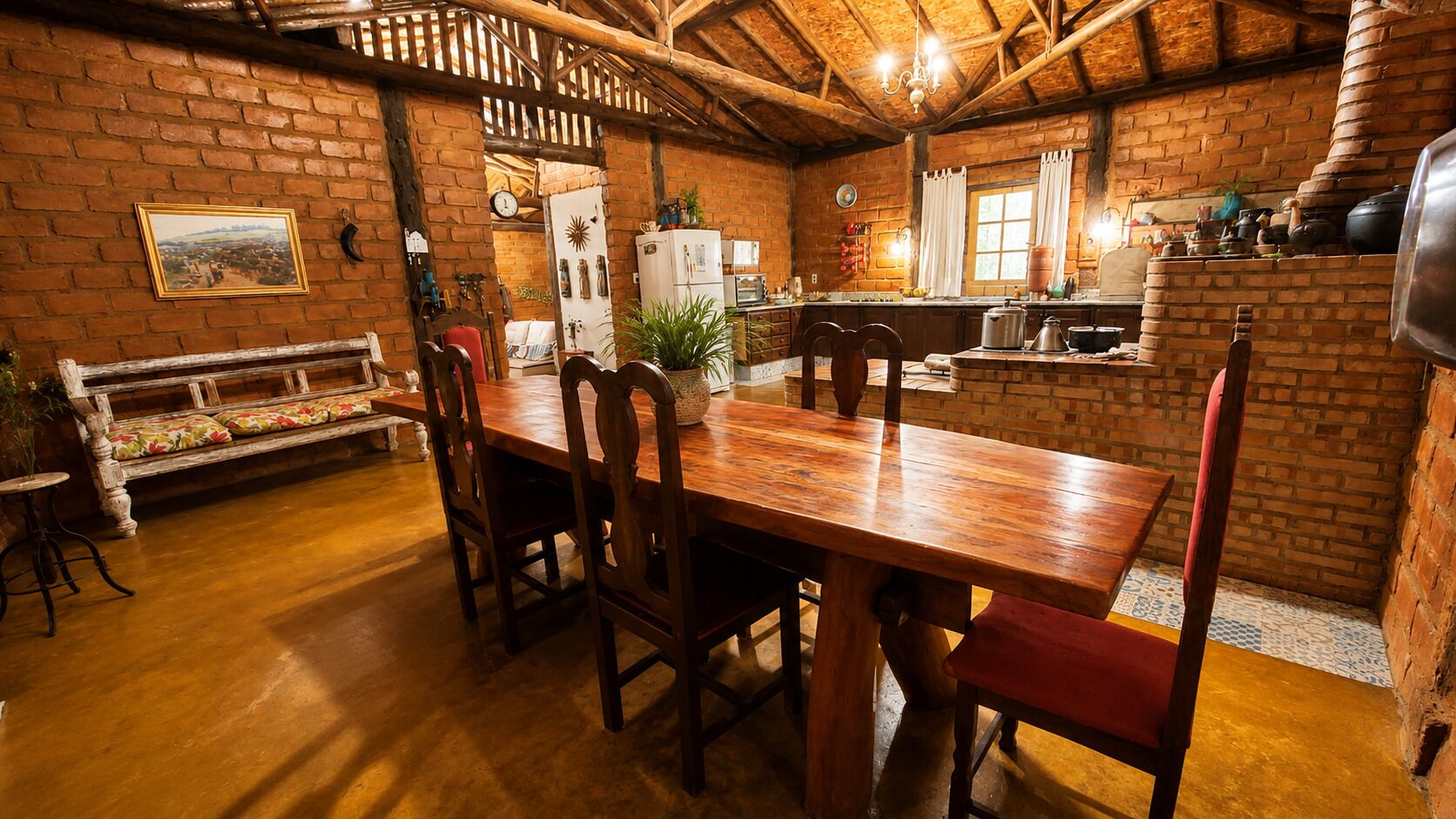 Un comedor rústico con mesa y sillas de madera, un banco y una pared de ladrillo.