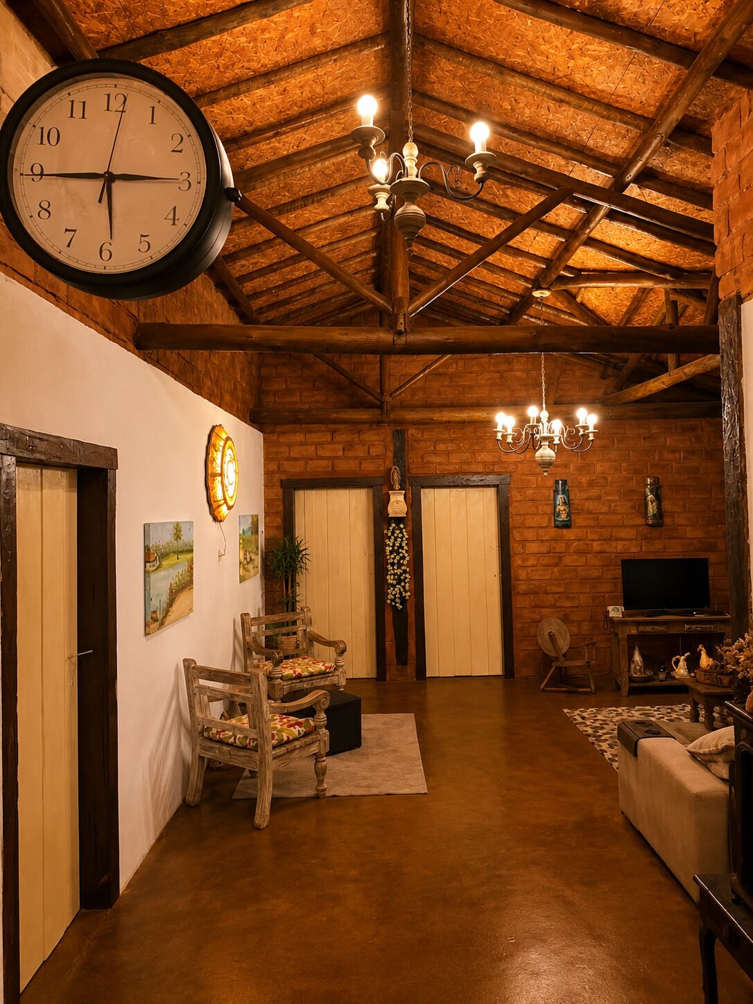 A rustic interior with a large wall clock, wooden ceiling beams, a chandelier, and a television.