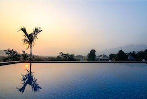 A clear view of a swimming pool with a palm tree silhouette and distant buildings.