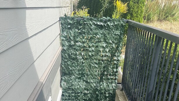 Un escalier en béton avec une rampe métallique menant à une terrasse en bois.