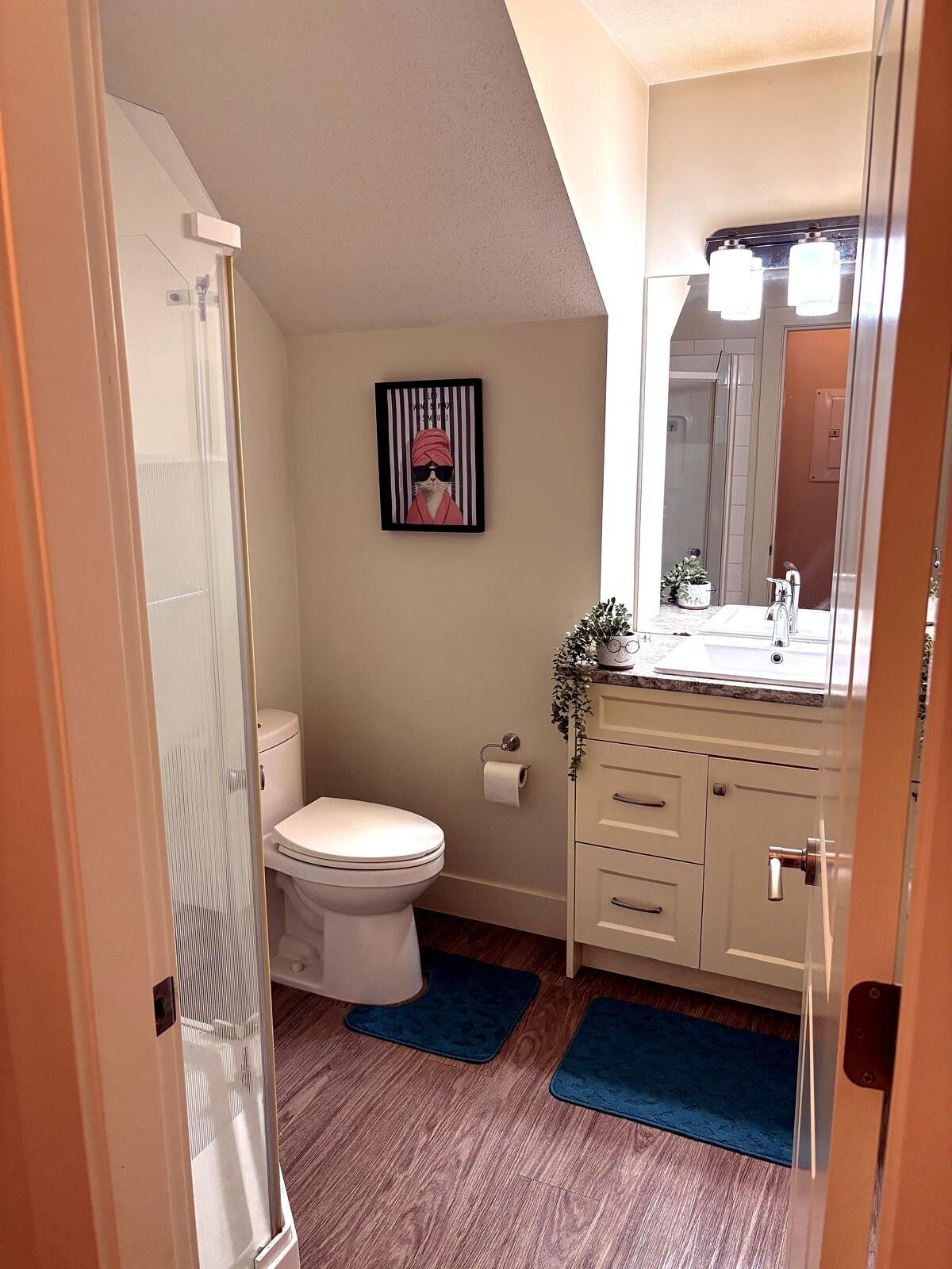 A bathroom with a toilet, a sink, and a mirror. There is a framed picture on the wall and a plant on the sink counter.