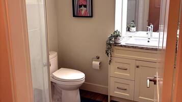 A bathroom with a toilet, a sink, and a mirror. There is a framed picture on the wall and a plant on the sink counter.