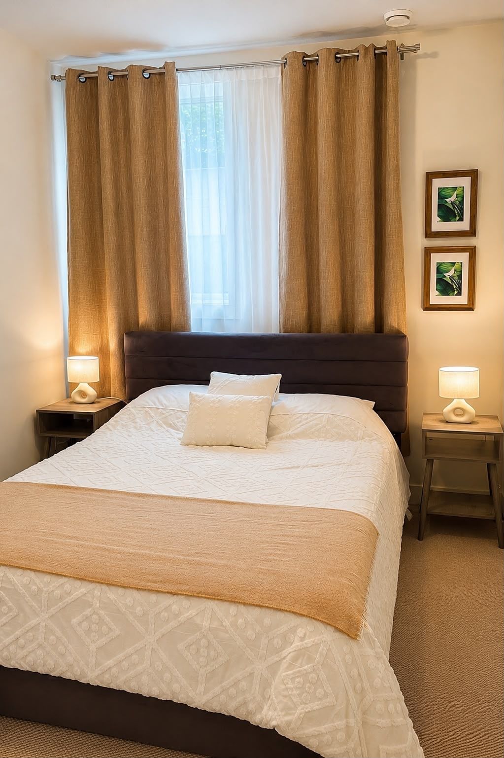 Une chambre d’hôtel avec un lit, deux tables de chevet, une fenêtre avec des rideaux et deux tableaux encadrés accrochés au mur.