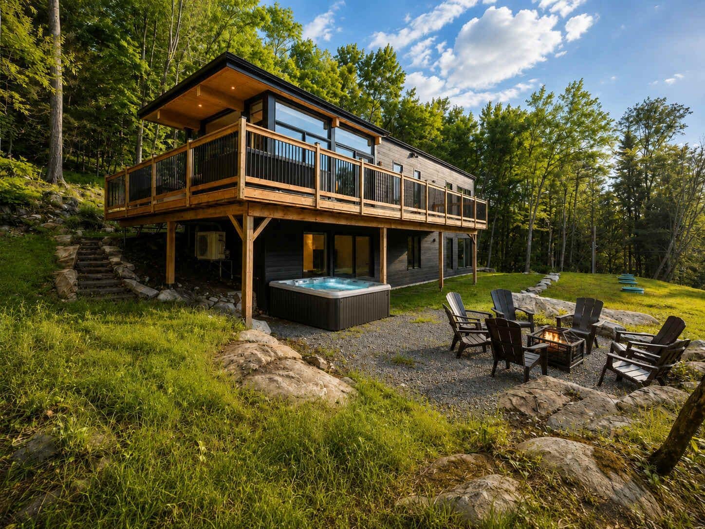 A two-story wooden cabin with a hot tub and outdoor seating area.