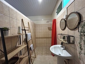 A small bathroom with a shower, a sink, a mirror, and a towel rack. - Vaihina Room (Raiatea)