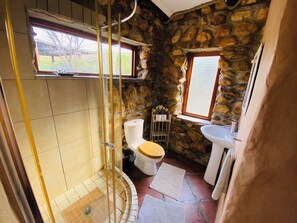 Een badkamer met een stenen muur, toilet, wastafel en douchegedeelte.