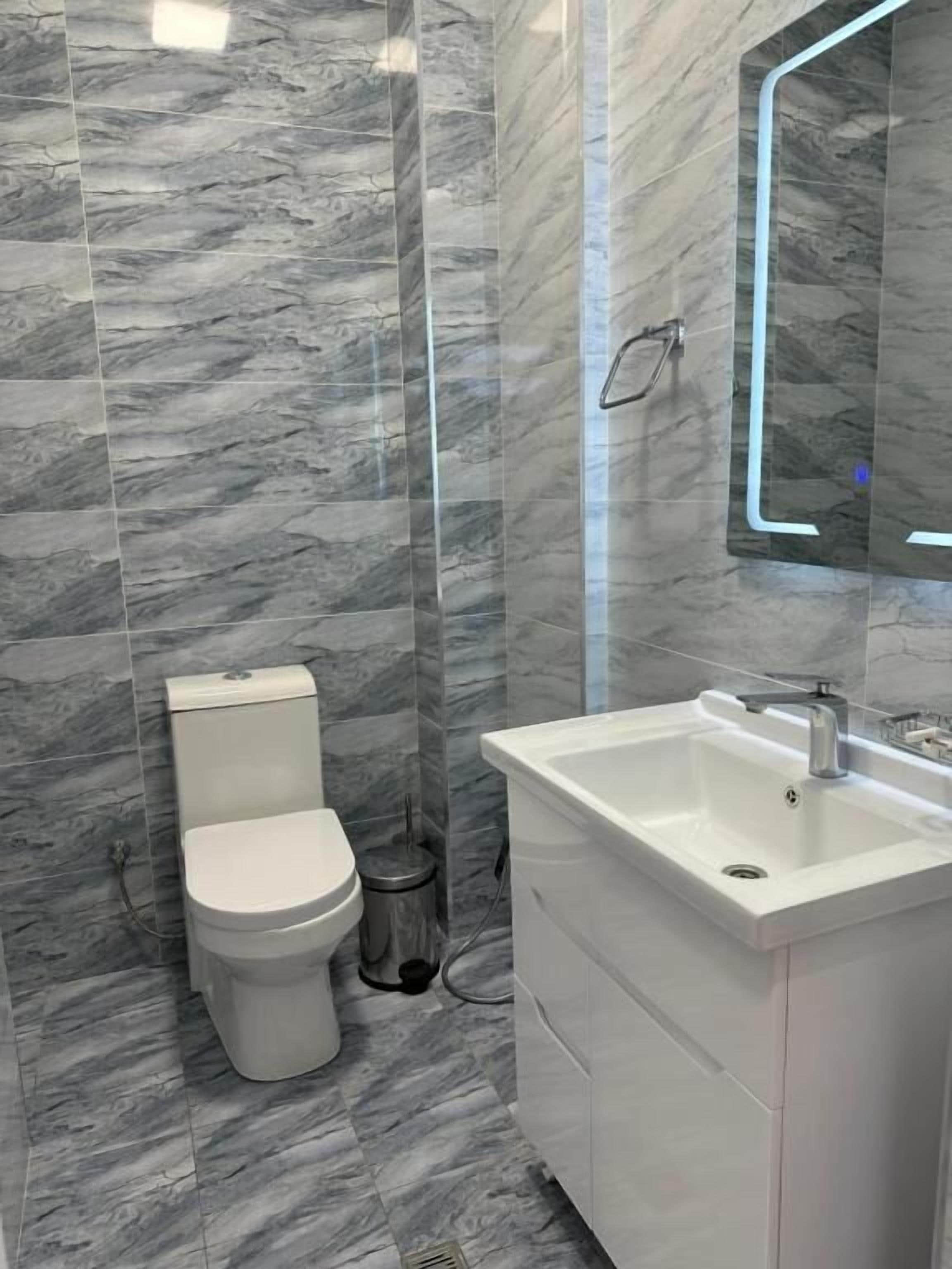 A bathroom with a toilet, sink, and mirror.