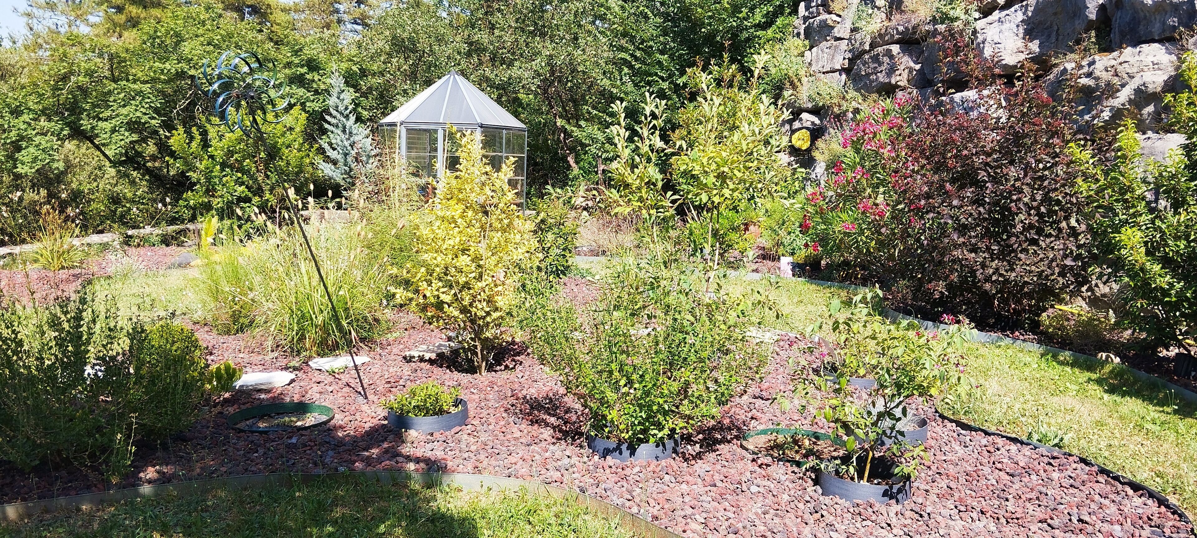 Un jardín con diversas plantas, un invernadero y una formación rocosa.