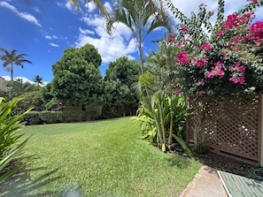 A well-maintained garden with a lawn, various shrubs, and flowering plants. - Spacious Ground-Floor 2BR with AC & Garden Views, Walk to Beach- Maui Kamaole F107 (Kihei)
