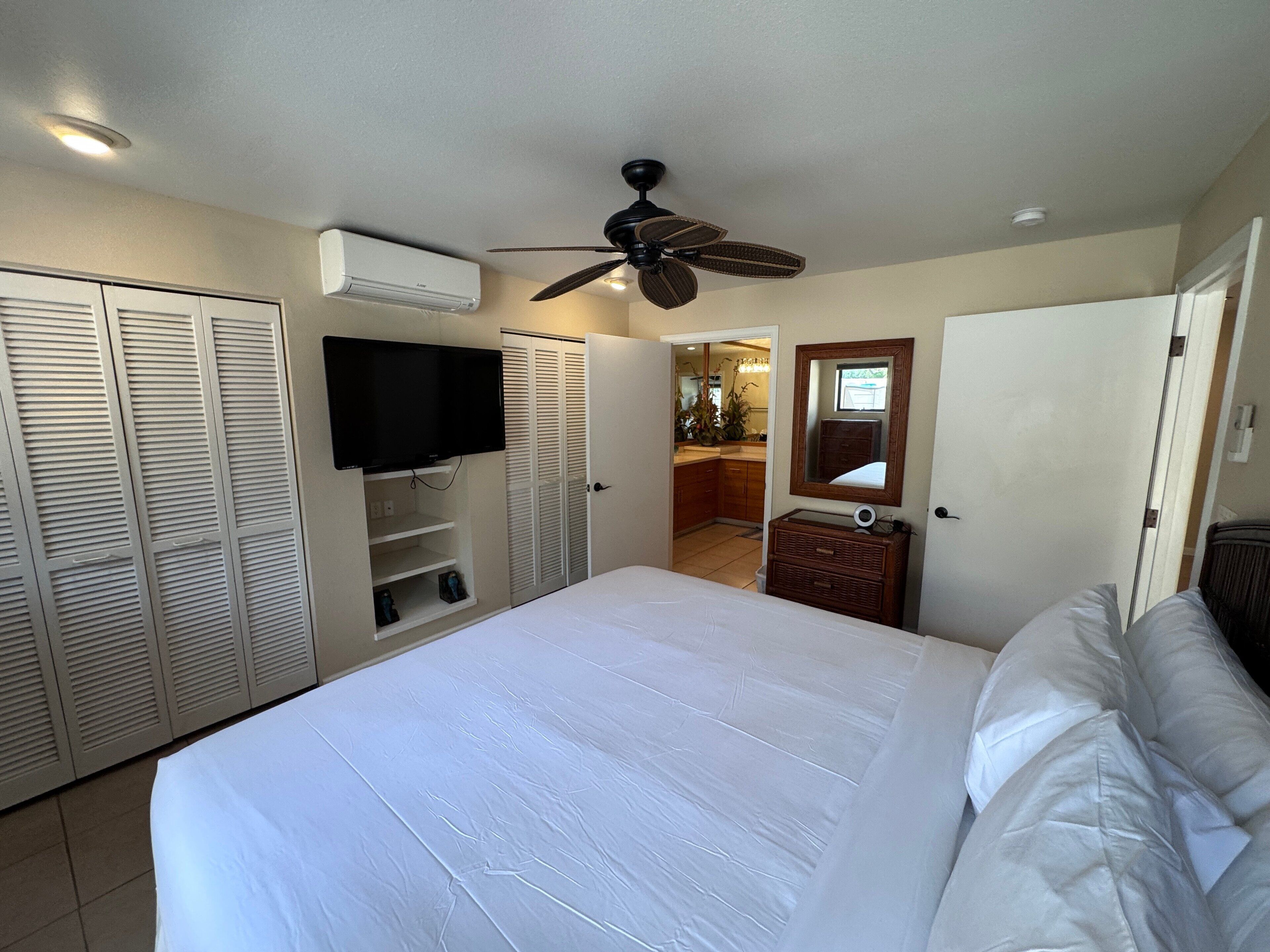 Une chambre à coucher avec un lit, un ventilateur de plafond, une télévision et un dressing.