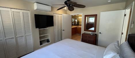 A bedroom with a bed, a ceiling fan, a TV, and a walk-in closet.