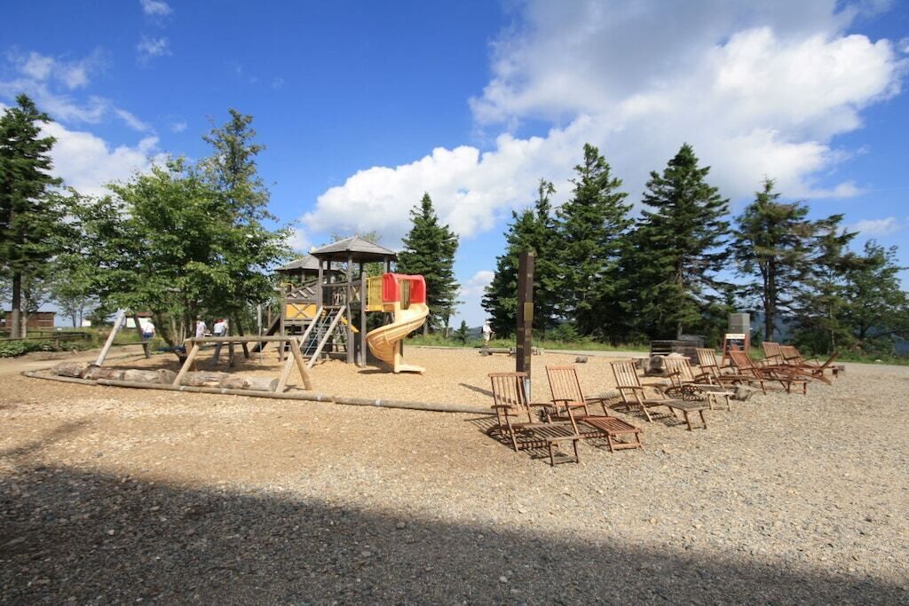Un terrain de jeux avec un toboggan et des structures d’escalade, entouré d’arbres et sous un ciel dégagé.