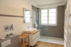 A modern bathroom with a shower, a sink, and a mirror. - Holiday apartment with 2 bedrooms (Braunlage)