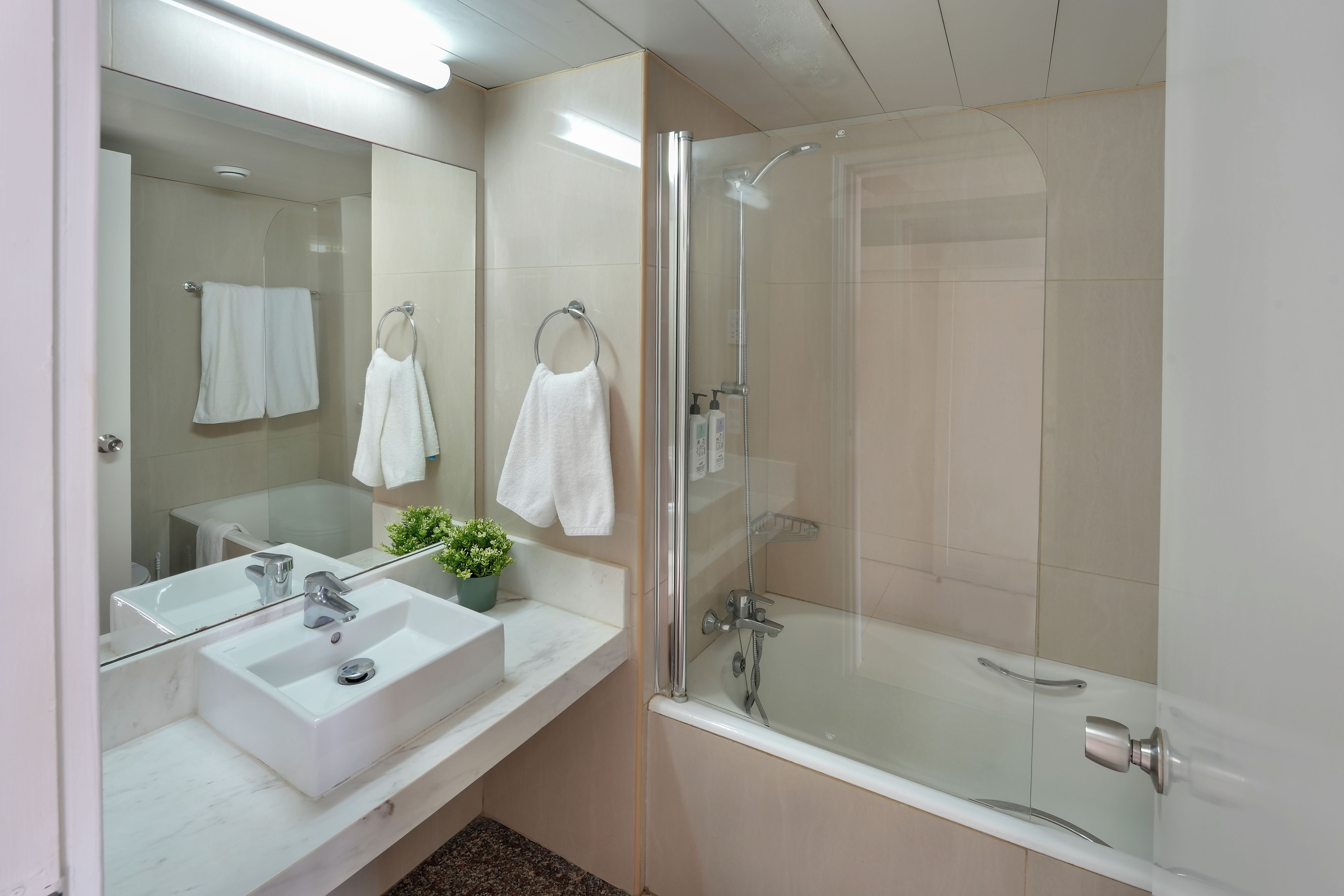 Un baño moderno con ducha envuelta en vidrio, un lavabo blanco y un espejo.