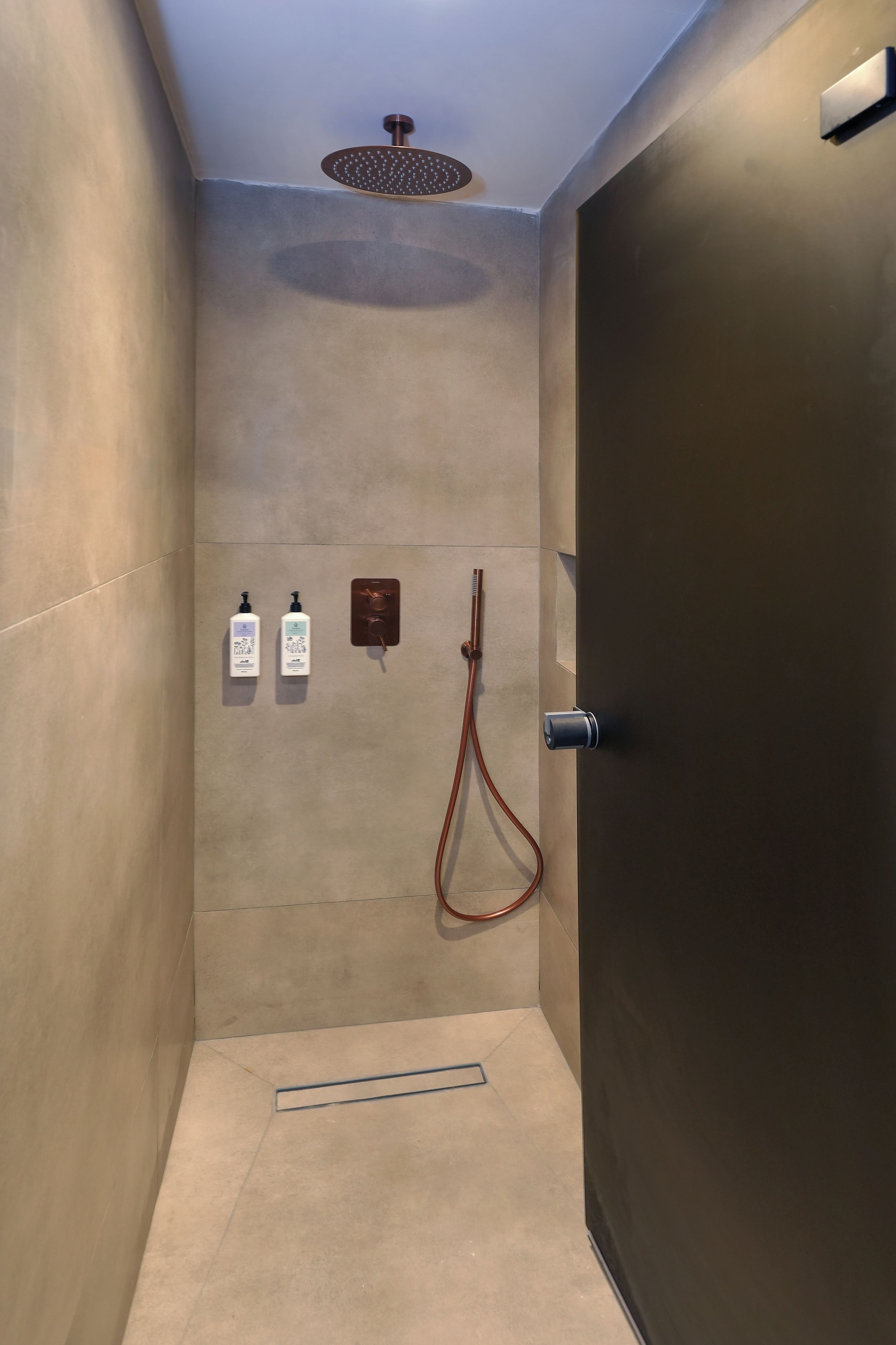 Un'area doccia dal design moderno, con soffione a pioggia, doccetta manuale e due flaconi di shampoo e balsamo.