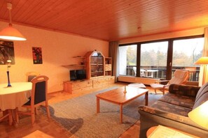 Een gezellige woonkamer met een houten plafond, een eettafel met stoelen, een bank, een boekenkast en een groot raam met uitzicht.