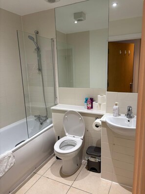 Et badeværelse med bruseniche, toilet, vask og spejl.