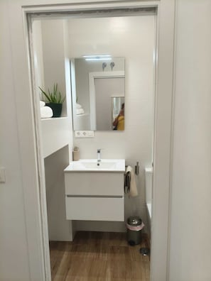 Un baño pequeño con un lavamanos blanco, un espejo, una planta en maceta y un cubo de basura.