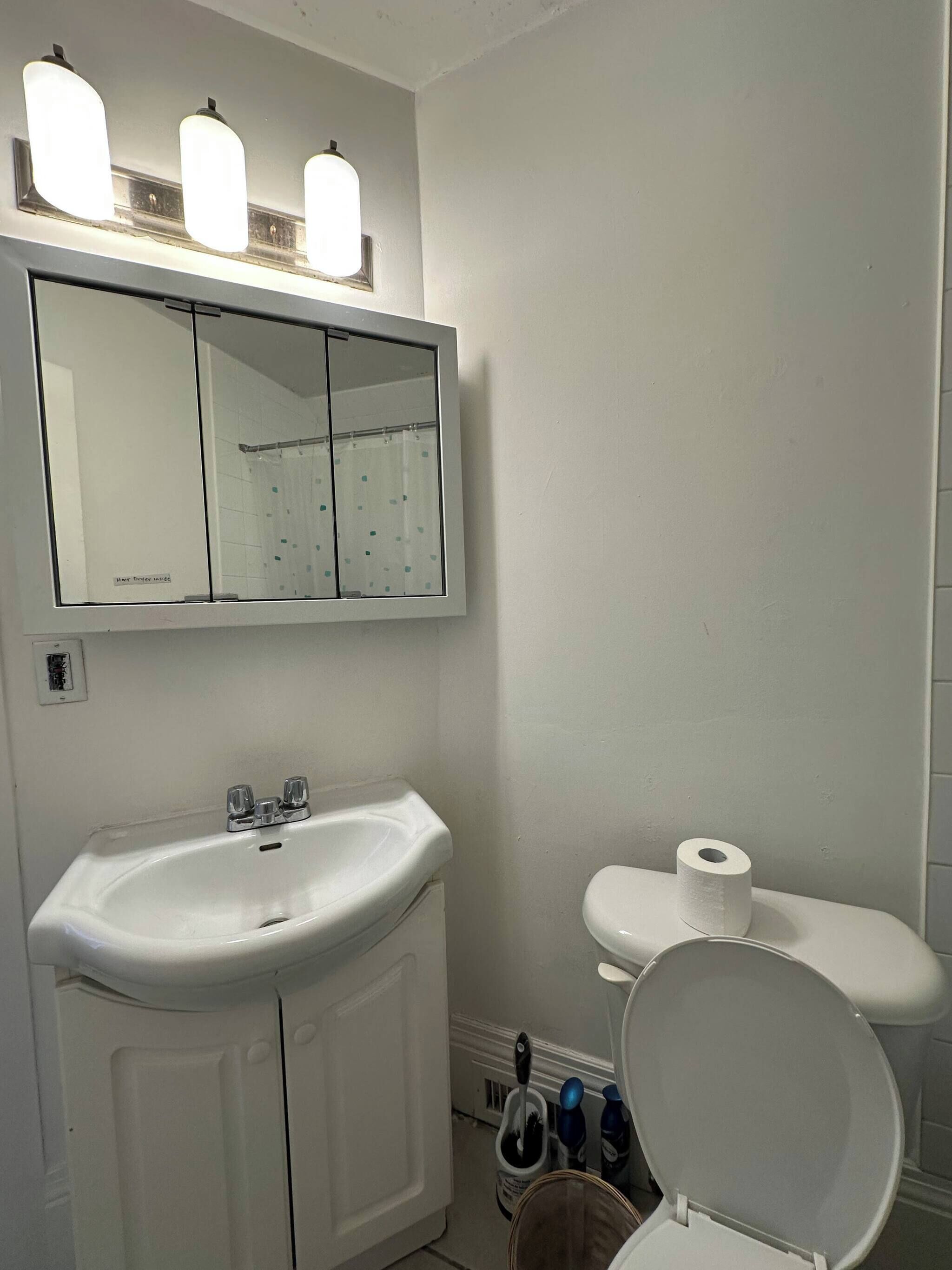 Un bagno con lavandino, specchio e water bianchi. Tre luci illuminano lo specchio, e una rotella di carta igienica è presente sul water.