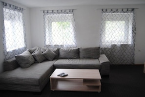 A living room with a grey sectional sofa, a wooden coffee table, and patterned curtains on the windows. - Holiday apartment in Kötz with Wi-Fi (Kötz)