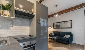 A modern kitchen with a built-in oven, a refrigerator, and a countertop with a sink. - Charming apartment - 1CH/4P - Near Bercy (Paris)