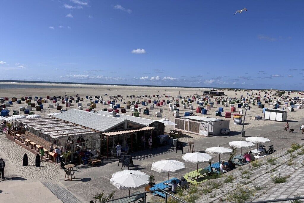 A beachside restaurant with outdoor seating, a covered area, and a view of the beach.