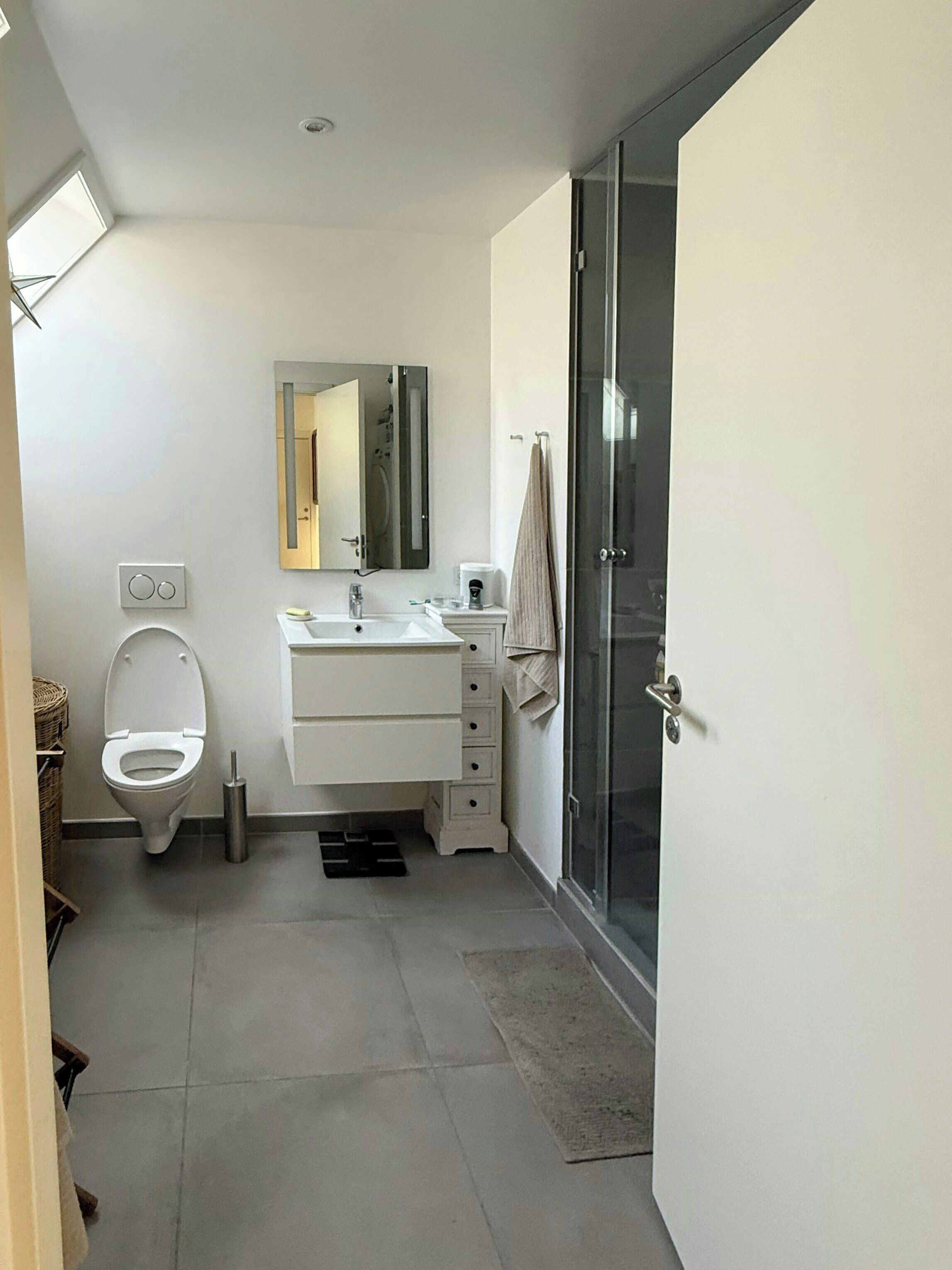 A modern bathroom with a toilet, sink, mirror, and shower area.