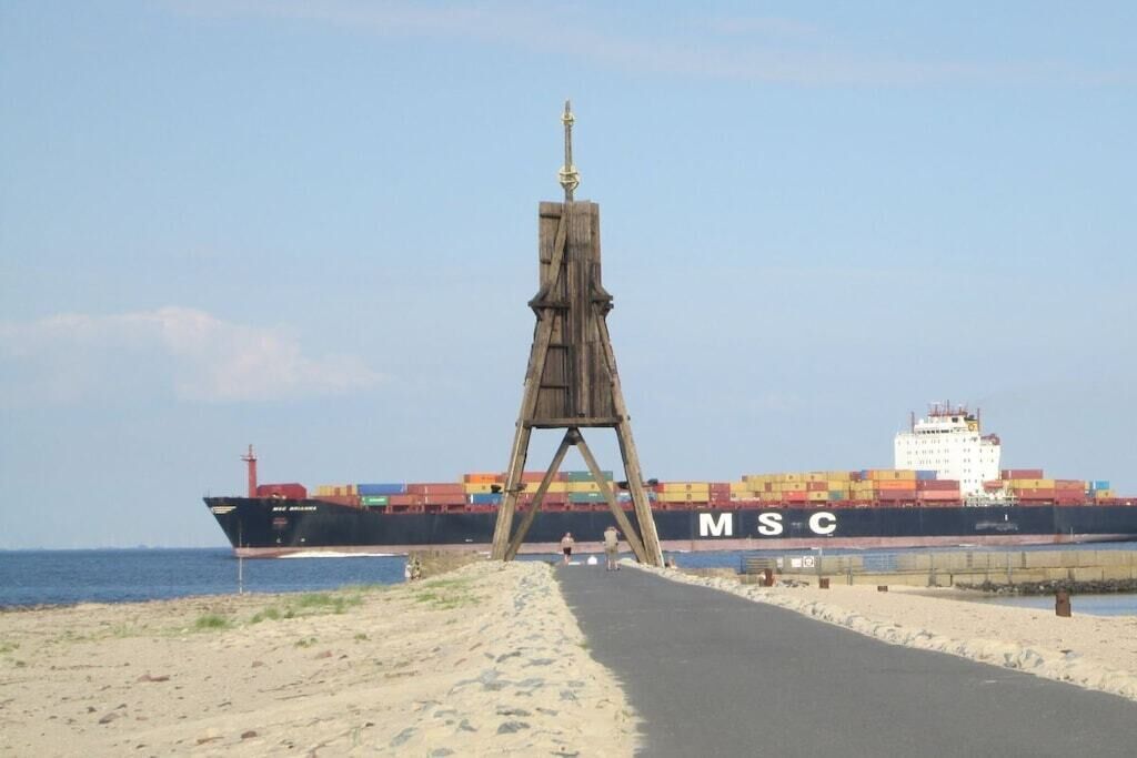 A coastal path leading to a large container ship with the MSC logo.