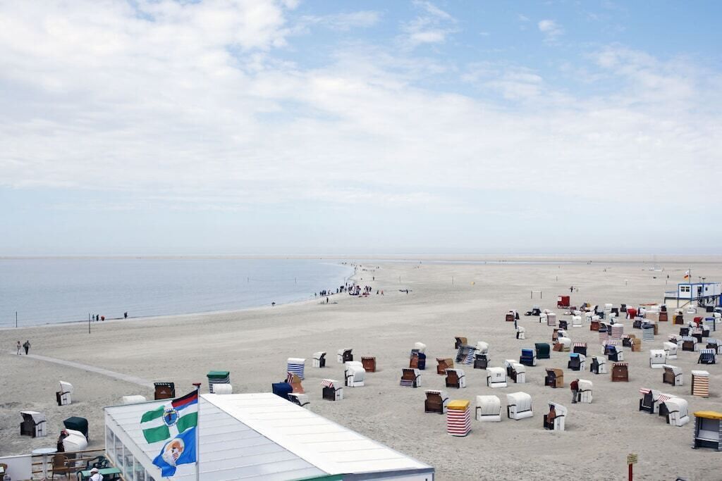 Ein Strand mit zahlreichen Liegestühlen und Sonnenschirmen, die in Reihen angeordnet sind.