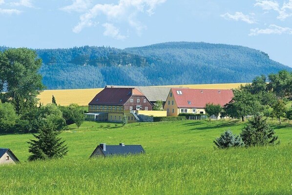 A rural landscape with houses, a field, and a mountain in the background. - Holiday apartment with 1 bedroom (Gohrisch OT Papstdorf)