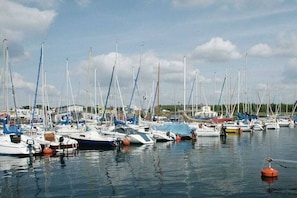 A marina with multiple sailboats docked.