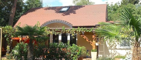 A house with a sloped roof, a covered porch, and a garden with various plants and a palm tree.