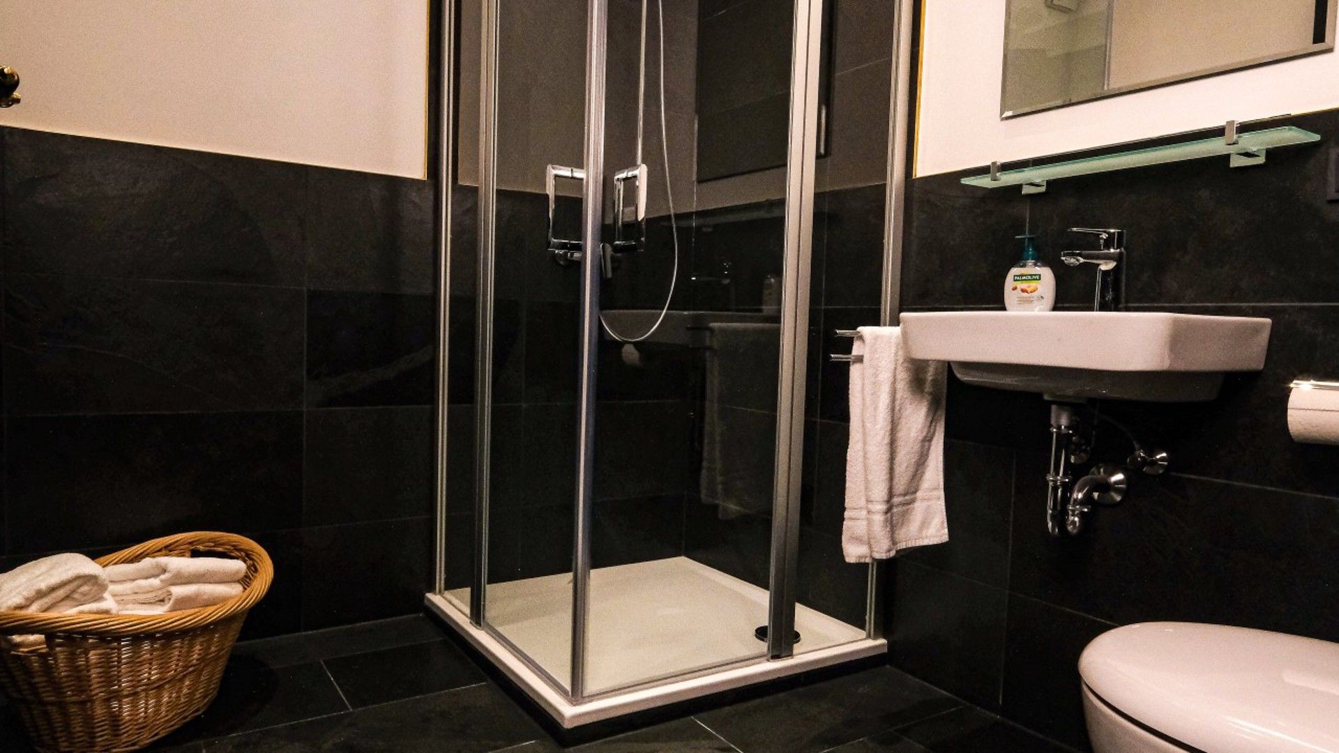 Ein Badezimmer mit einer Duschkabine, einem weißen Waschbecken und einer Toilette.