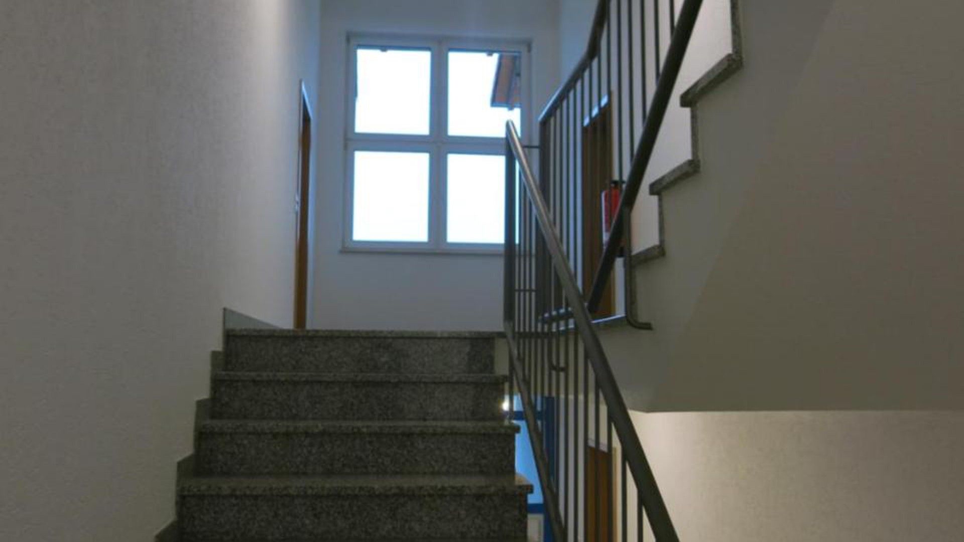 A staircase with a handrail, leading to a door with a window above it.