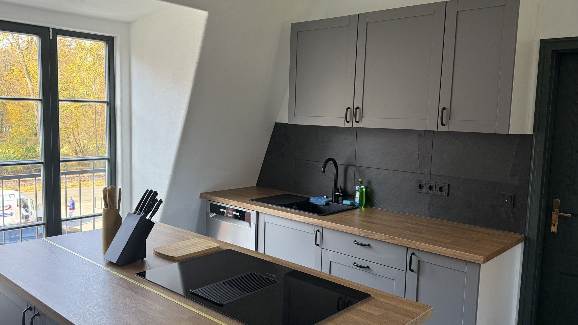 A modern kitchen with a built-in dishwasher, a sink, and a window with a view of trees.