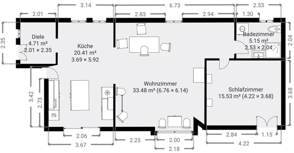 Plano de planta que muestra una cocina, comedor, sala de estar, baño y dos dormitorios.