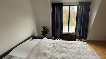 A bedroom with a bed, a window with curtains, and a plant.