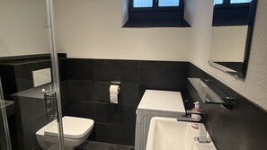 Un baño moderno con cabina de ducha de vidrio, inodoro y lavamanos.
