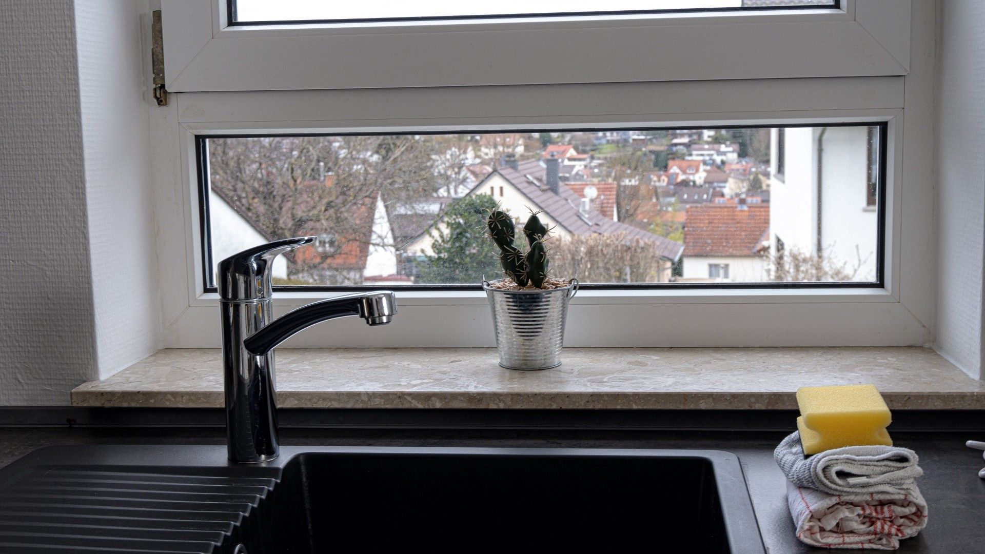 A kitchen sink with a faucet, a window with a view of houses, and a potted cactus on the windowsill.
