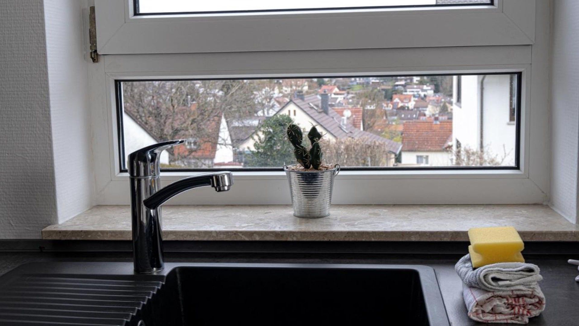 Ein Spülbecken mit Wasserhahn, ein Fenster mit Blick auf Häuser und ein Blumentopf mit Kaktus auf der Fensterbank.