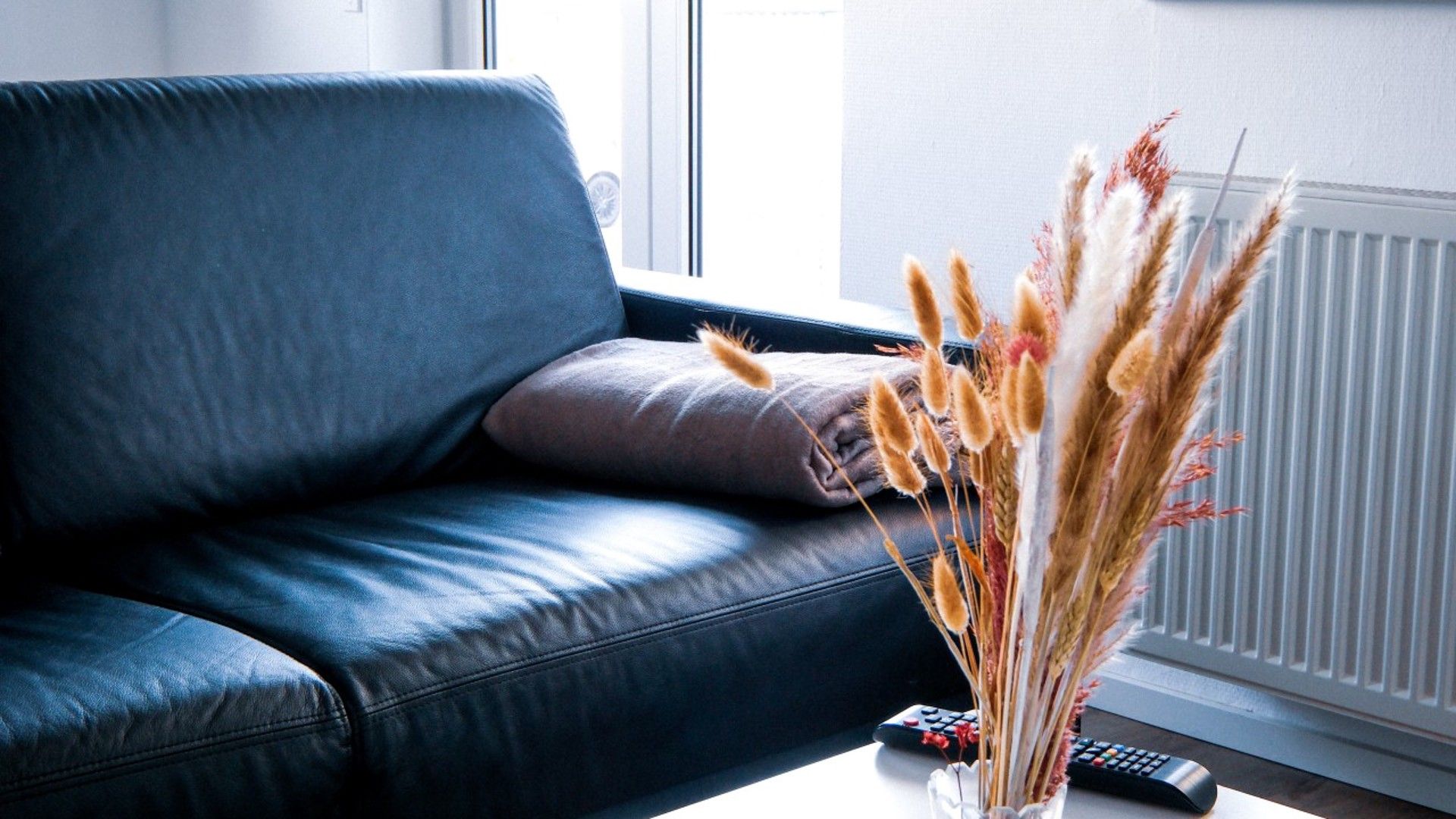 A dark blue leather sofa with a remote control and a vase of dried plants.