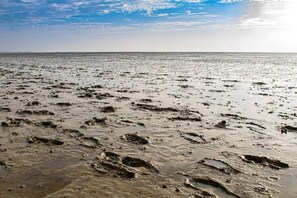 A beach with footprints in the sand, extending to the horizon under a clear sky. - Holiday apartment with 1 bedroom (Dornum)