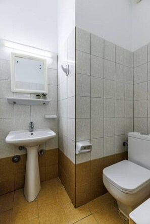 A bathroom with a pedestal sink, a toilet, and a mirror.